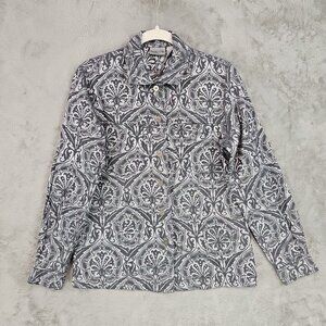 Chico's Shirt Womens Size S Silver Jacquard Printed Button-Up Collared Classic